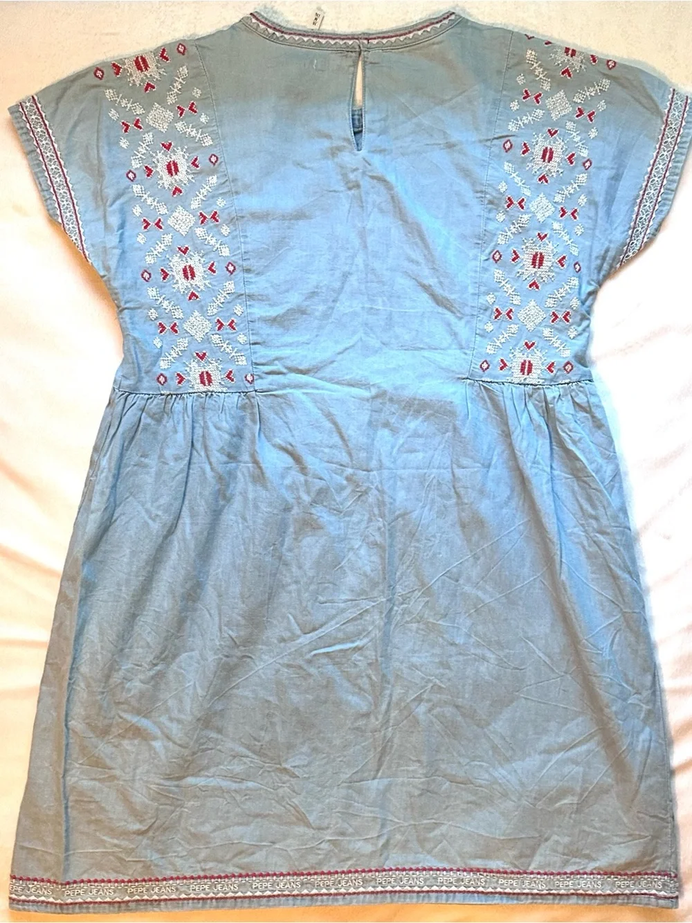 Pepe Jeans Jane Blue Denim Shift Dress 16 Girls Red White Embroidered Aztec